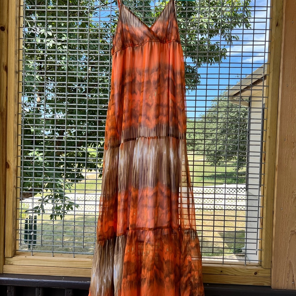 Orange and Brown Tie-Dye Maxi Dress by Chelsea & Theodore